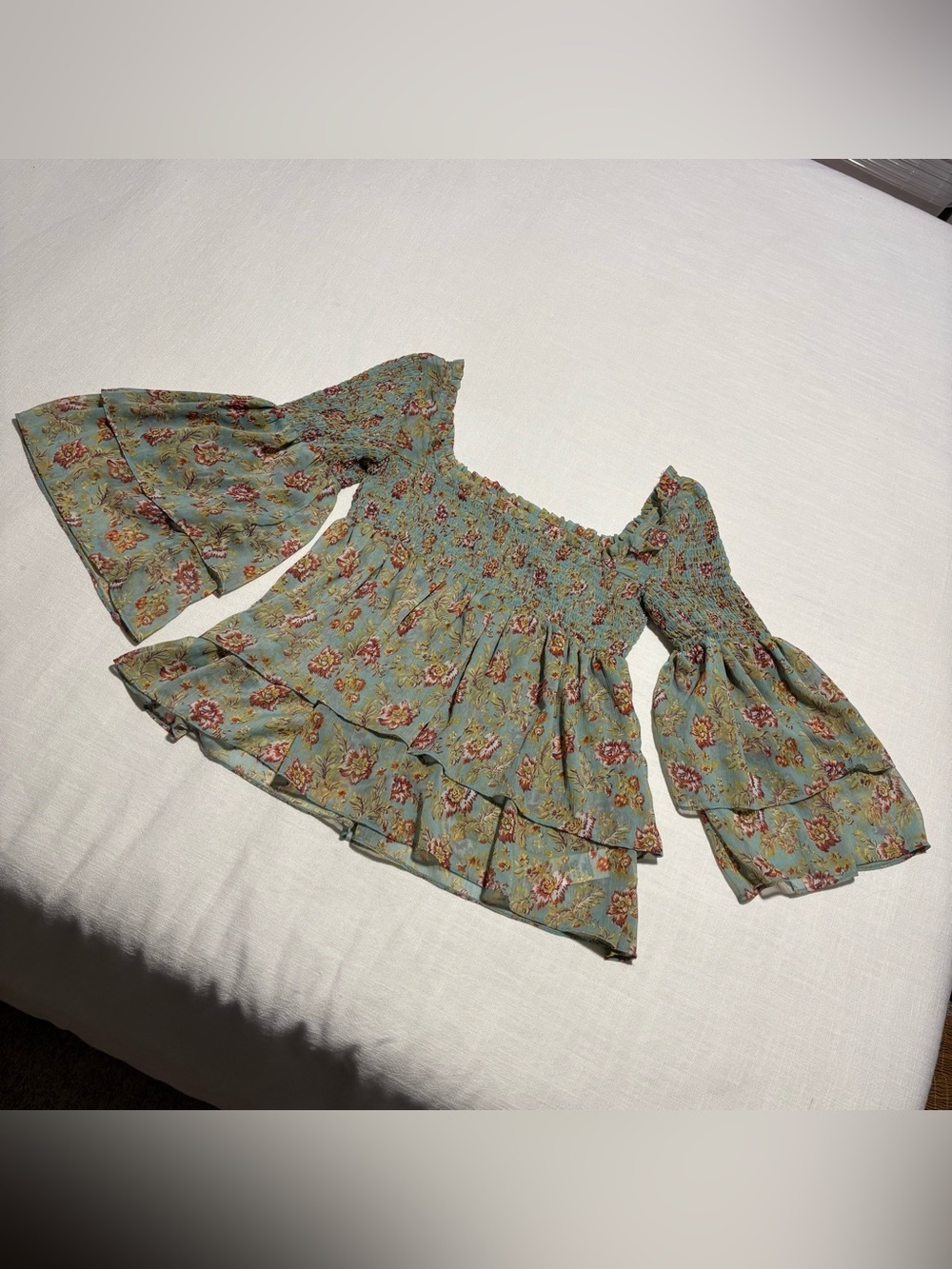 Free People Golden Age Floral Chiffon Smocked Square Neck Bell Sleeve Blouse | M